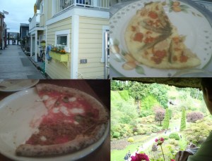 Victoria! Clockwise: House Boats, Omelet (from Villa Macro Polo), Buchart Gardens, Pizza from Pizzeria Prima Strada.