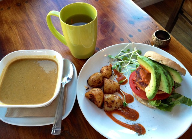 A very tasty meal: the sweet potato cream of broccoli soup was fabulous and the avocado's on the chick pea burger were lovely. 